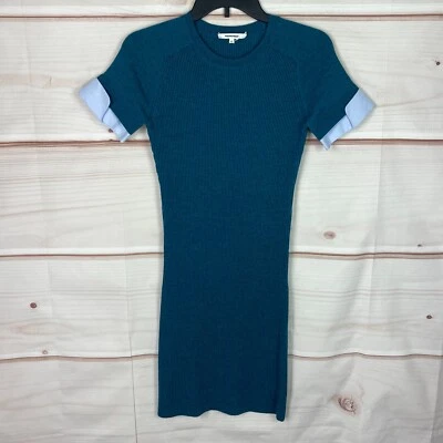 Carven Dress Womens XS Green Ribbed Wool Sweater Mini Crew Neck Layered Look - Image 1 of 4