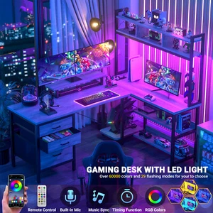 L Shaped Gaming Desk with LED Strip and Power Outlets, Reversible Computer Desk - Picture 1 of 12