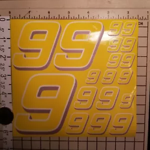 Yellow w/white & lavender #9's Racing Numbers Vinyl Decal Sheet 1/10-1/12 - Picture 1 of 11