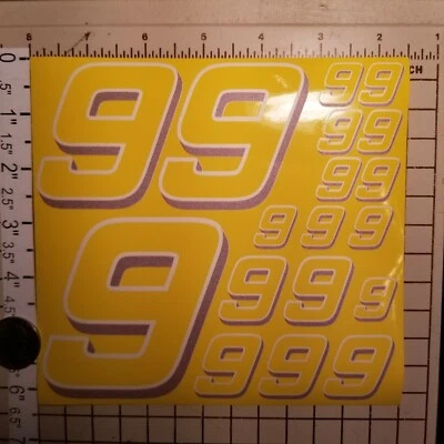 Yellow w/white & lavender  #9's  Racing Numbers Vinyl Decal Sheet 1/10-1/12  - Image 1 of 4