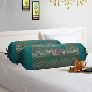 Green Bolster Cover Bolster Cover Brocade Jacquard Gypsy Tribal Hippie Pillow - Picture 1 of 7