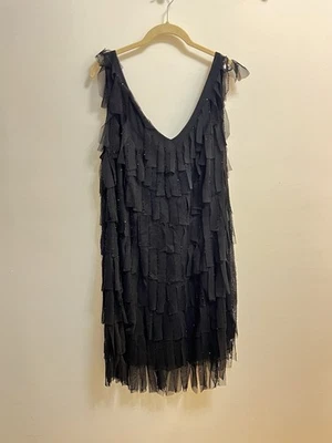 JS Collections Black Beaded Tiered Layered Ruffle Cocktail Dress Sleeveless 18 W - Image 1 of 4
