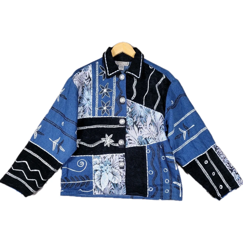 НОВОЕ НАПРАВЛЕНИЕ Топ женщин маленький цветочный вышивка вельвет расслабиться кнопка вверх куртка - Изображение 1 из 4