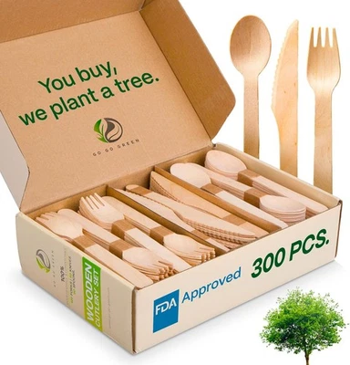 Juego de cubiertos 100% compostables - 300 piezas utensilios de madera beige  Foto 1 de 4