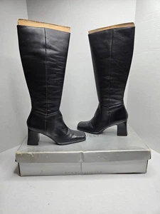Nine West Boots Black Leather Knee Riding Chunky Heel Women's 8½ Squared  - Picture 1 of 10