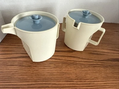 Vintage Tupperware Sugar & Creamer Set 1414 & 1415 Almond with Blue Pop Top Lids - Image 1 of 4