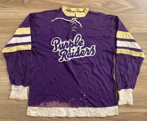 CAMISETA DE PORTERO DE HOCKEY POWASSAN ONTARIO PÚRPURA DE LOS RAIDERS DE LA DÉCADA DE 1950 #31 USADA EN EL JUEGO VINTAGE - Imagen 1 de 7
