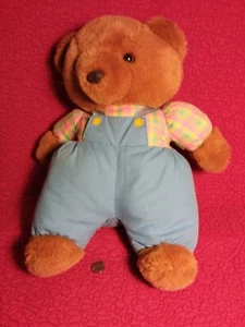 14 “ brown bear blue overalls plaid shirt plush stuffed puffy toy - Picture 1 of 1