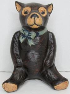 RARE Vtg 1987 VAILLANCOURT Folk Art TEDDY BEAR # 11 Seated Dark Brown Blue Bow - Picture 1 of 8