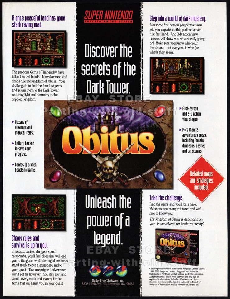 OBITUS__Original 1994 print AD / Nintendo game promo__Bullet-Proof Software_SNES - Image 1 of 1