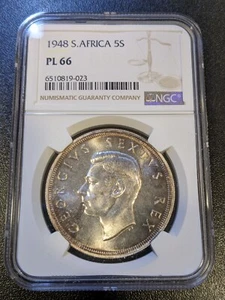 1948 PL66 South Africa Silver 5 Shillings NGC KM 40.1 Prooflike Nice Luster! - Picture 1 of 2