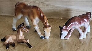 Retired Hagen Renaker Mini Foal Lying Down & 2 Japan Grazing Horse Figurine Lot