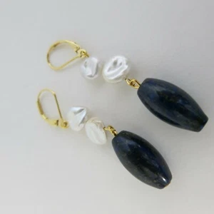 Ohrringe Ohrhänger aus Lapis Lazuli und Süßwasserperle, Brisur vergoldet, Design - Bild 1 von 7