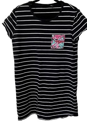 Cynthia Rowley Mujer Negro/Blanco Rayas Camiseta Vestido Floral Bolsillo Talla XL Foto 1 de 4