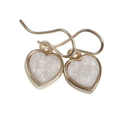 14k Gold Druzy Earrings White Heart Drops Bezel Set Drusy Sterling Dangles Drops - Image 1 of 4