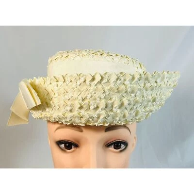 Sombrero Pastillero Vintage Nita of Dallas Marfil Cinta Tejida Paja  Foto 1 de 4
