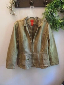 V. Cristina Gold Faux Leather Moto Crop Jacket Metallic Ruffle Hem Zip Large - Picture 1 of 7