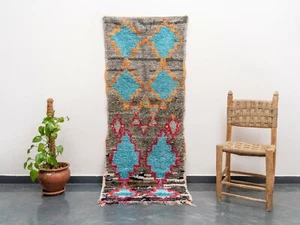 Grau Blau Vorleger 200x84cm/6,6×2,8ft Marokkanisch Handarbeit Vintage Farbig Teppich - Bild 1 von 10
