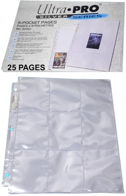 25 hojas de páginas de tarjetas Ultra PRO plateadas de 9 bolsillos tamaño estándar carpeta comercio Foto 1 de 2