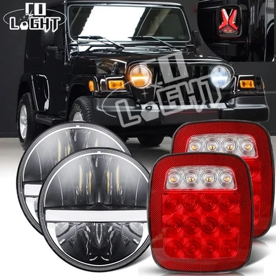 Combo 7" Round LED Headlights DRL + Red LED Tail Lights Set For Jeep Wrangler TJ - Image 1 of 4