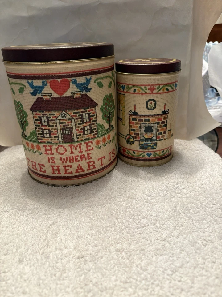 Vtg Nesting Canister Set Metal 2 PC  Primitive Country Farmhouse Decor 5 " H - Image 1 of 4