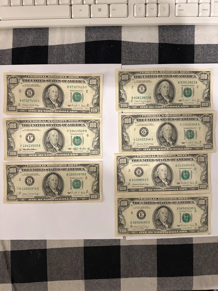 7- $100  DOLLAR BILLS OLD STYLE SMALL HEAD  only $129.95 PER NOTE - Image 1 of 4