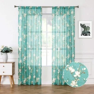 Floral Turquoise Sheer Curtains Flower Print Vine Embroidery Bedroom Curtain Rod - Picture 1 of 8