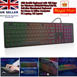 LED Gaming Office Keyboard USB Wired Full-Size Illuminated Backlit UK