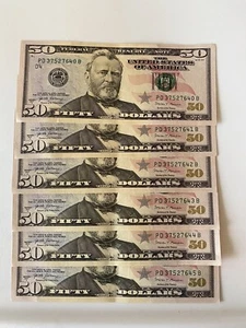 SIX (6) 2017A $50 Dollar Bills With Sequential Serial Numbers Clean & Crisp - Picture 1 of 4