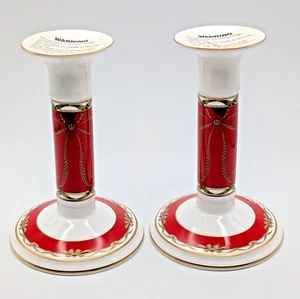 Pair of Waterford Holiday Ribbons Bone China Candlesticks New in Box - Picture 1 of 14