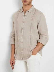 GUESS Men's Regular-Fit Island summer Long Sleeve Linen Shirt Sand Beige Small - Picture 1 of 4