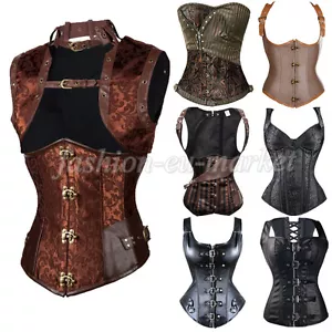 Women Steampunk Gothic Corset Boned Overbust Bustier Basque Waist Costume Dress - Picture 1 of 22