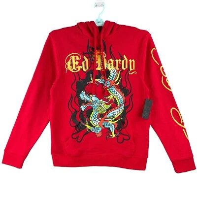NUEVO CON ETIQUETAS Ed Hardy Para hombres Dragón Tatuaje Rojo Sudadera con Capucha Talla XL Pullover Foto 1 de 4