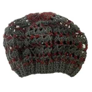 Handmade Gray & Red Crochet Slouchy Beret Mesh Boho Knit Unisex Hat New w/o Tags - Picture 1 of 8