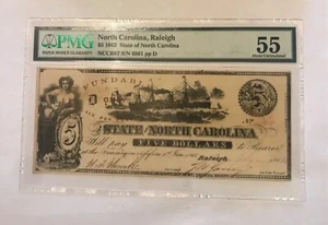 1862 $5 Five dollar, State North Carolina, CR-87, PMG AU55 , Steamboat , red OP - Picture 1 of 2