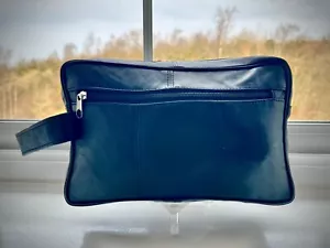 Genuine Soft Black Leather Travel Toiletry Bag Grooming Kit Pouch Bag UK Stock - Picture 1 of 7