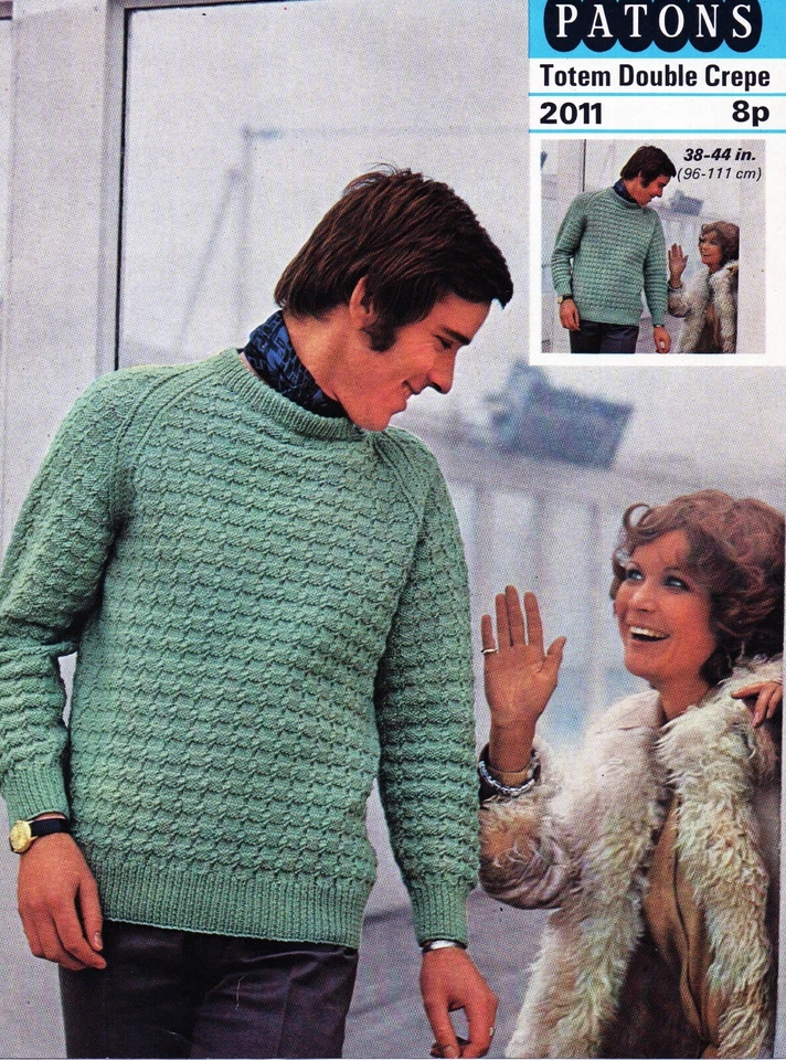 ~Vintage 1971 Knitting Pattern For Man's Round Neck Textured Sweater ~ 38" ~ 44" - Image 1 of 1
