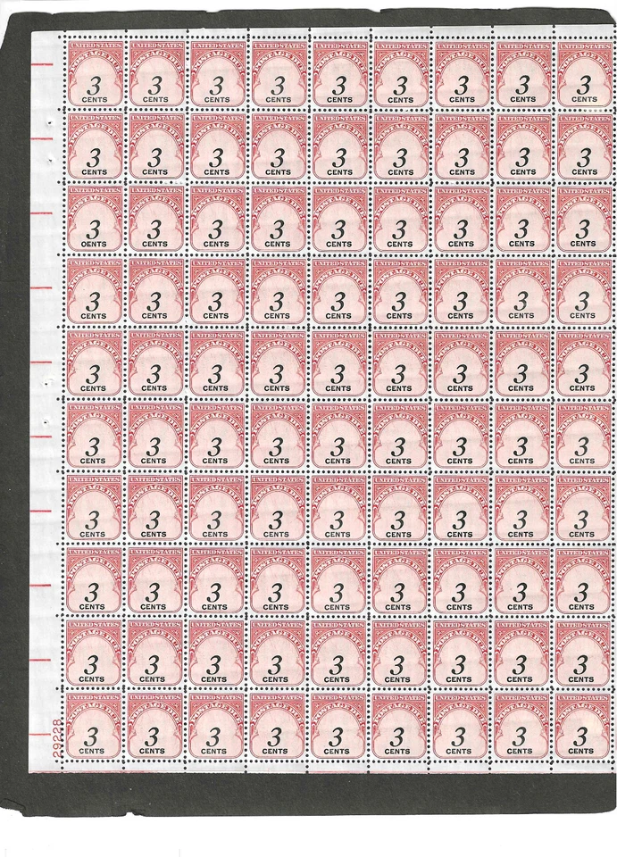 #J91 1959 3c POSTAGE DUE SHEET OF 100 MNH SHINY GUM - Image 1 of 1