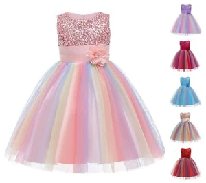 New Girls Sequin Party Dress Flower Bow Rainbow Princess Birthday Kids Clothes - Picture 1 of 10