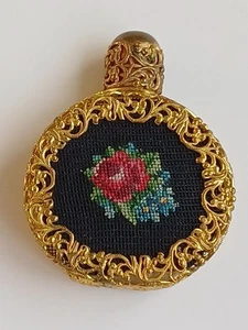 Miniature Czech Glass Perfume Bottle. Brass Filigree. Petit Point. - Picture 1 of 7