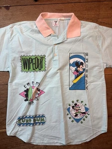 Vintage Disney Wear Mickey Mouse Surf Viertel Knopfleiste rosa & blau Gr. Small - Bild 1 von 10