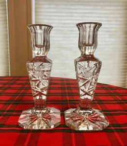 Clear Pressed Glass Multi Faceted Matching Candlestick Holders Star Pattern - Picture 1 of 9