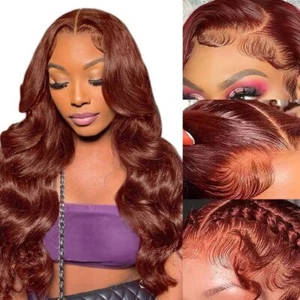 Lace Front Wig #33 Reddish Brown Human Hair Wigs Body Wave 13x4 Lace Frontal Wig - Picture 1 of 9