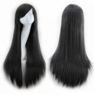 Schwarz 80 cm gerade schlanke lange Vollhaarperücken mit Seitenpony Cosplay Kostüm Damen - Bild 1 von 2
