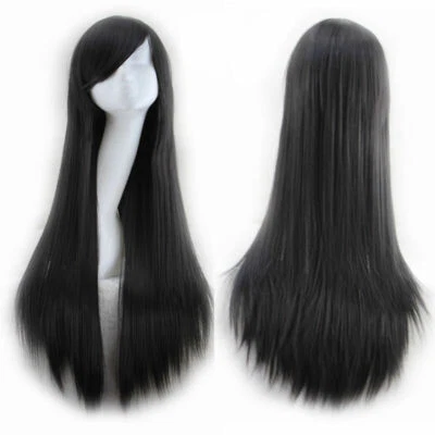 Black 80cm Straight Sleek Long Full Hair Wigs w Side Bangs Cosplay Costume Women - Image 1 of 2