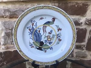 Antique Delft Polychrome Tin-glazed Bird And Garden Charger( 18-19 Th Century) - Picture 1 of 2