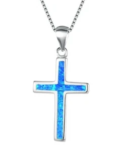 Fashion Jewelry Imitation Blue Opal Cross Pendant Necklace - Picture 1 of 2