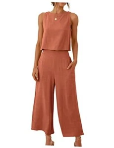 Women's Summer 2 Piece Outfits Sleeveless Crop Top Capri Wide Leg Medium Rust - Picture 1 of 7