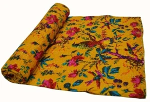Indian Kantha Quilt Handmade Bedspread Blanket Bedding Gudari Bird Print Throw - Picture 1 of 2