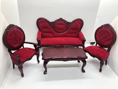 Antique Look Miniature Dollhouse Victorian Sofa Chair Set Mahogany Table 1:12 - Image 1 of 4
